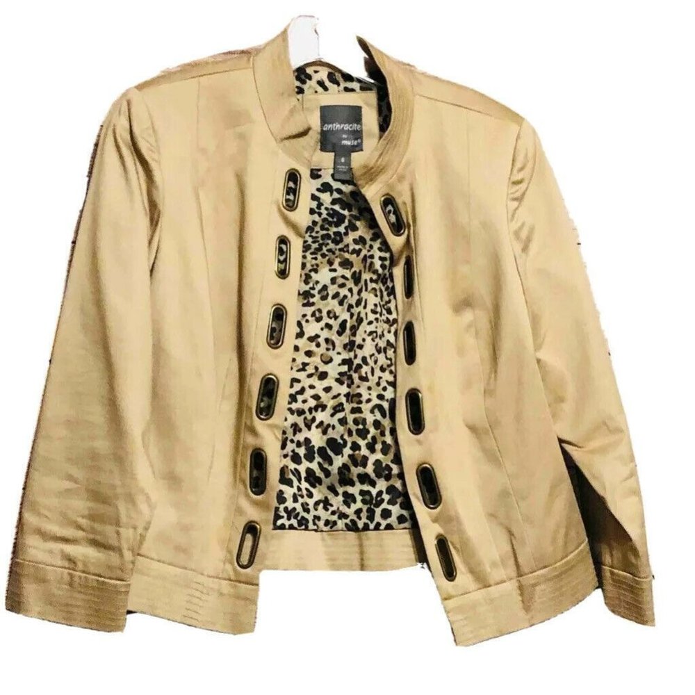 Anthracite By Muse Womens Open Front Jacket Beige Leopard Lined Stretch Blazer 6